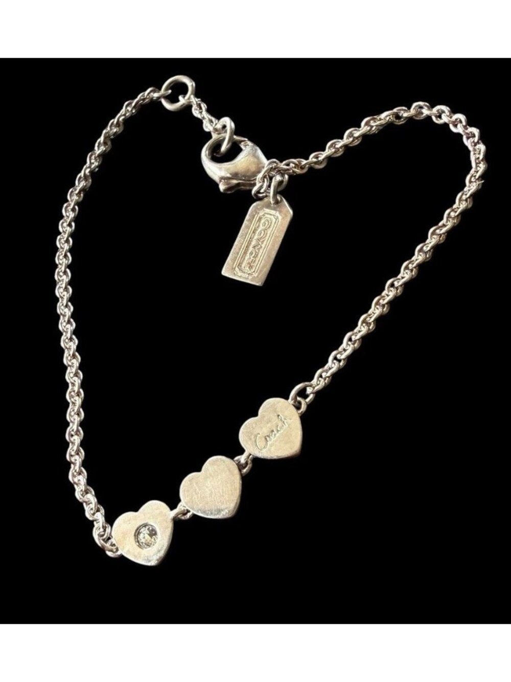 Coach Sterling Silver Triple Heart Charm Chain Bracelet 6.75”